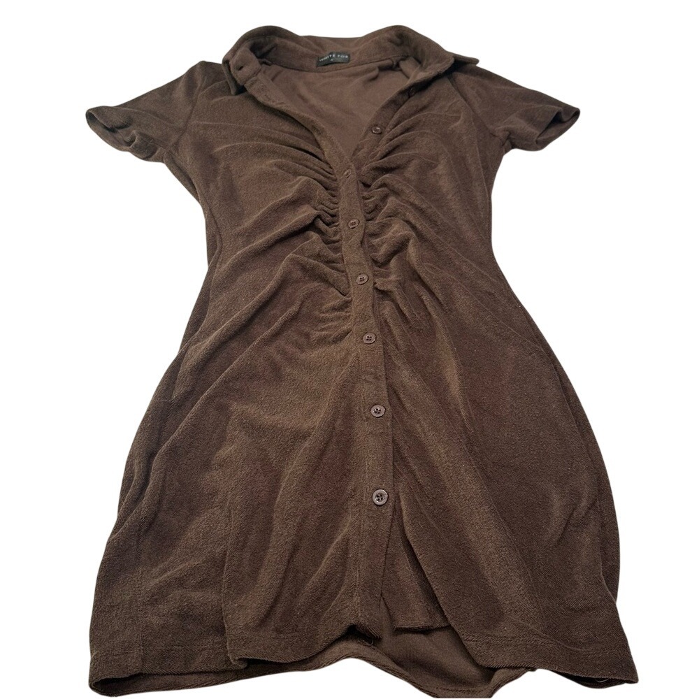 White Fox Brown Terry Cloth Ruched Button Front Mini Dress Small Short Sleeve